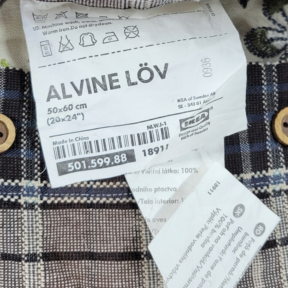 IKEA Alvine Lov Embroidered Floral Pillow Cover 20x24 Cream Cotton Plaid Back - Picture 2 of 16